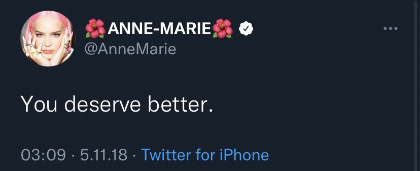 historyofAM's tweet photo. Today - 3 years ago (05/11/18) - had to tweet this because it makes so much more sense now!

@AnneMarie while you’re telling us we deserve better, YOU deserve better too🤍 https://t.co/AOd80bTTnF