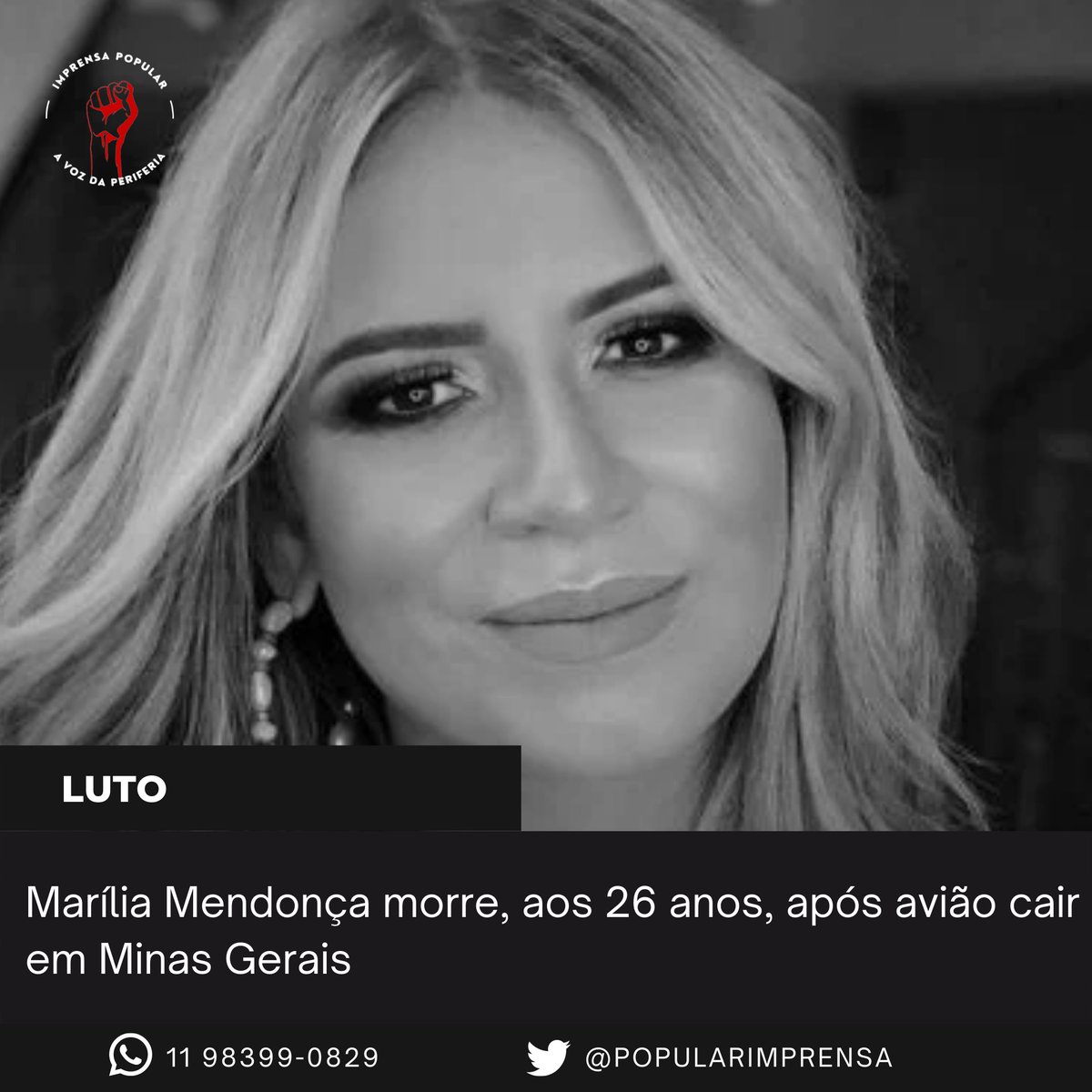 PopularImprensa's tweet photo. @gabrieldiasghd A cantora Marilia Mendonça, de 26 anos, morreu, nesta sexta-feira (5/11), após sofrer um acidente aéreo nos arredores da cachoeira da Piedade, em Caratinga (MG). A informação foi confirmada pelo Corpo de Bombeiros Militar de Minas Gerais (CBMMG). https://t.co/kW3EpphEjg