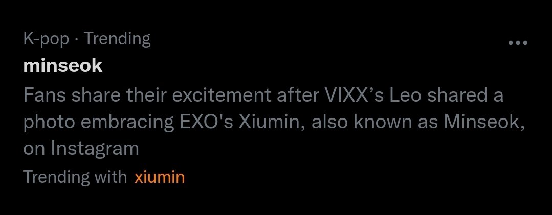 bbhblkdreams's tweet photo. minseok trending like this 😭 that pic making rounds and reaching locals too 

"fans share their excitement after vixx's leo shared a photo embracing exo's xiumin, also known as minseok, on instagram" https://t.co/YZXJwKbLXj