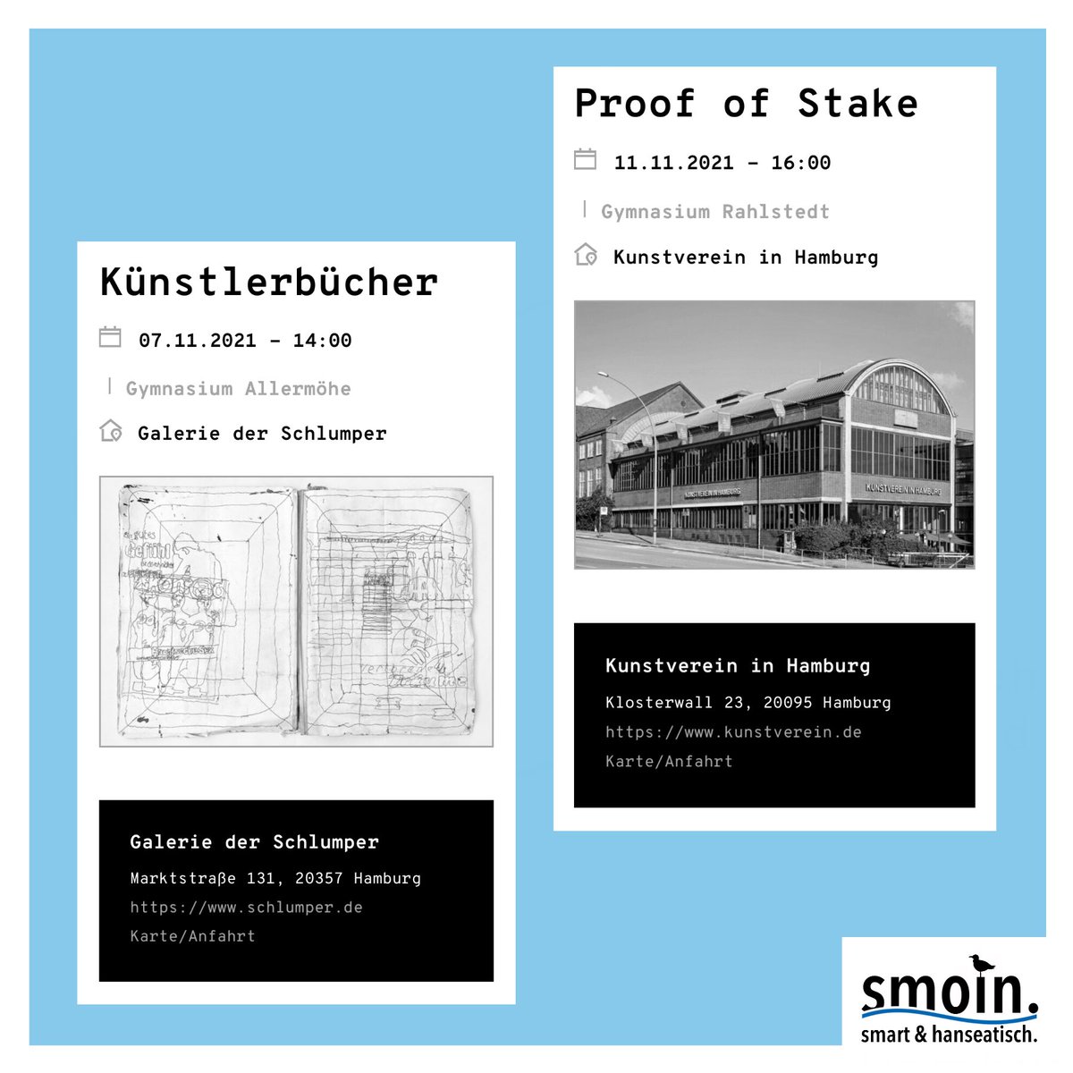 smoinhh's tweet photo. Lust auf #Kunst? Dann besucht doch mal die #Ausstellungen der #Kunstpioniere! #Hamburger Schüler:innen kooperieren mit Kunstschaffenden, Galerien &amp; Co.. Infos unter https://t.co/D5PzGb3QRu

#hamburg #kunst #kultur #twlz #twitterlehrerzimmer #schule https://t.co/9gv4Ig7r3P