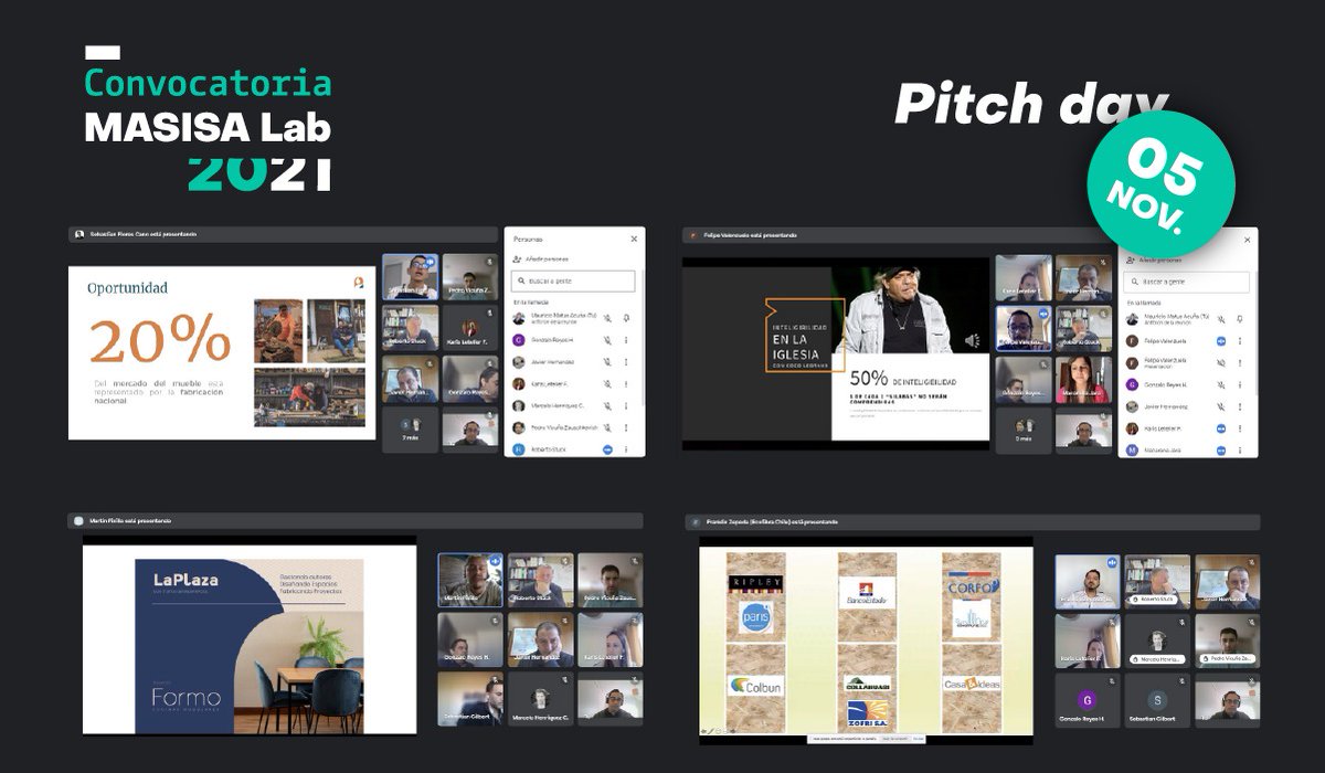 Hoy en la mañana tuvimos Pitch Day junto a los 10 seleccionados de la Convocatoria MASISA Lab 2021 👏
Destacamos los increíbles proyectos, con propuestas interesantes para la industria de la construcción. 
Pronto comunicaremos los resultados finales  🙌  #construtech