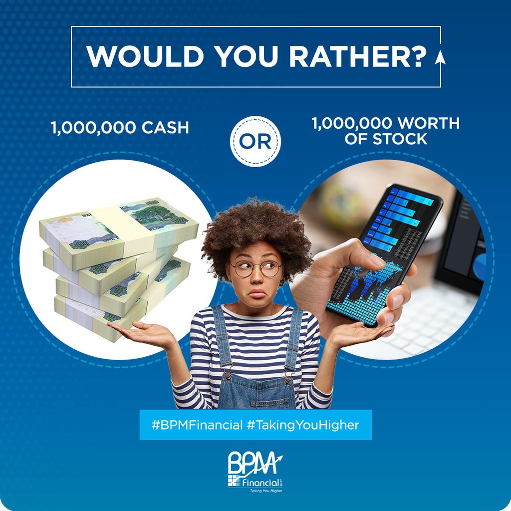 BPMFinancialLTD's tweet photo. Which would you choose?
$1million in your hands or $1million worth in stocks!
Choose wisely...
#BPMFinancial #TakingYouHigher https://t.co/sIu9la9Srq