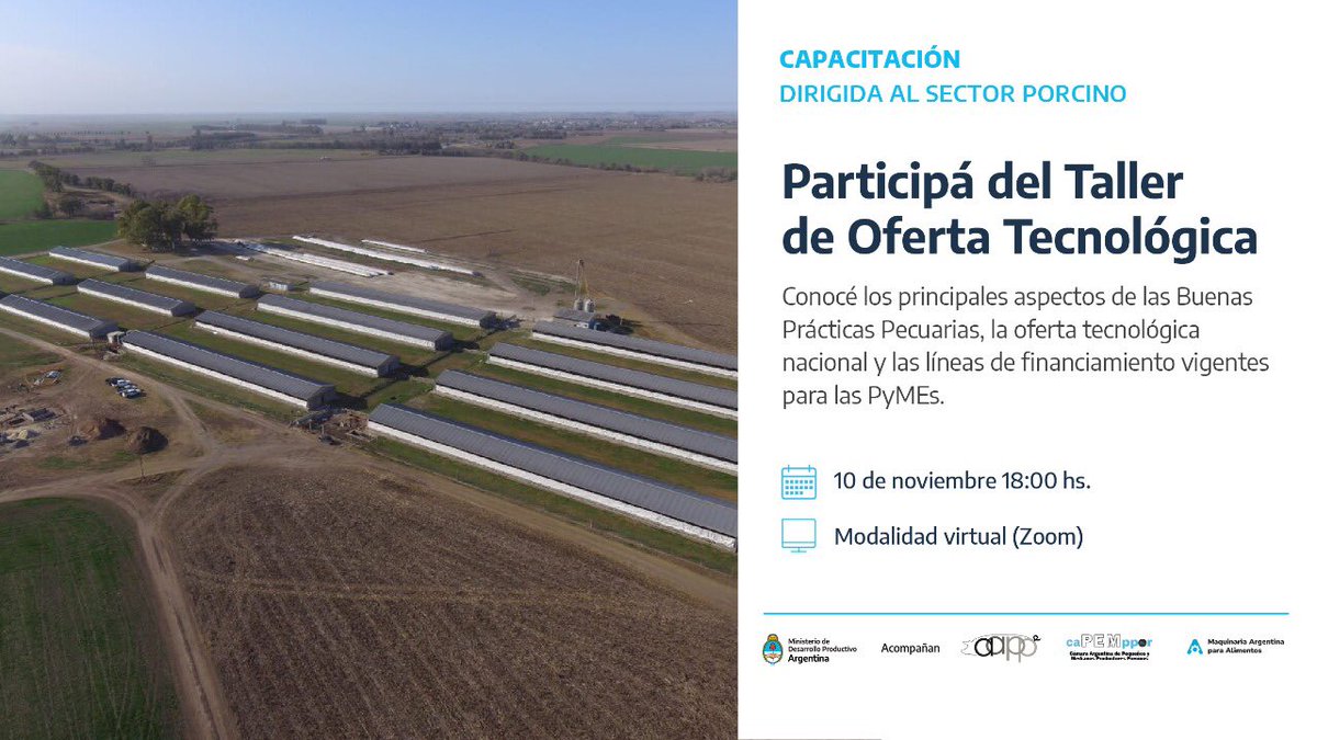 Participá del taller donde encontrarás la oferta nacional de tecnología para el sector porcino y el financiamiento disponible para tu inversión. Inscribite acá: bit.ly/3jYWhCD