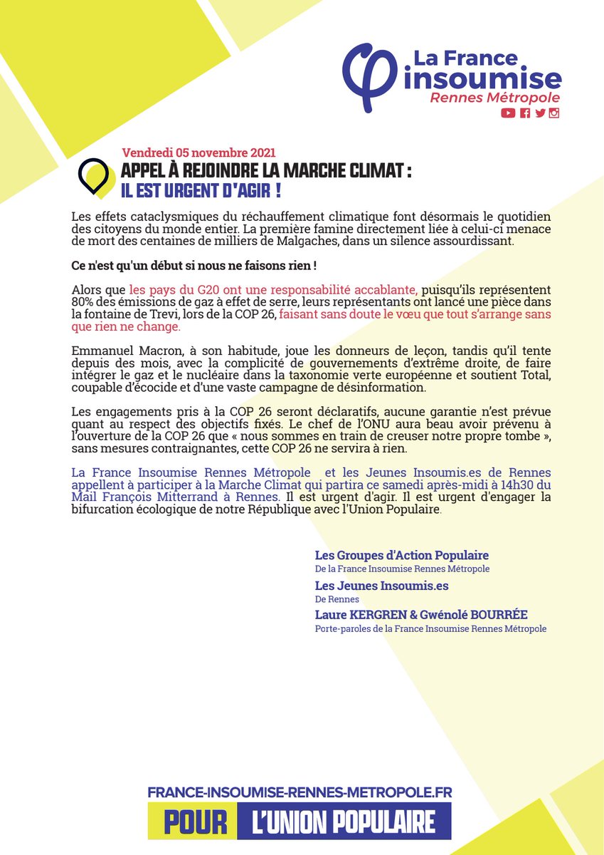 ✊🍃 Notre communiqué pour la #March4ClimateJustice de #Rennes demain.
