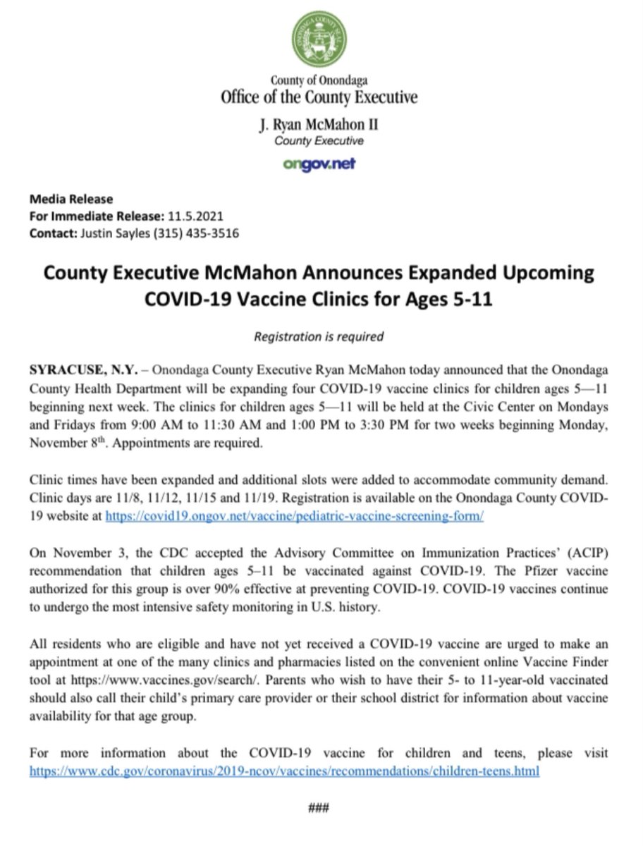 OnondagaCounty's tweet photo. PRESS RELEASE: @CEJRyanMcMahon Announces Expanded Upcoming COVID-19 Vaccine Clinics for Ages 5-11 https://t.co/c21kUEStEe