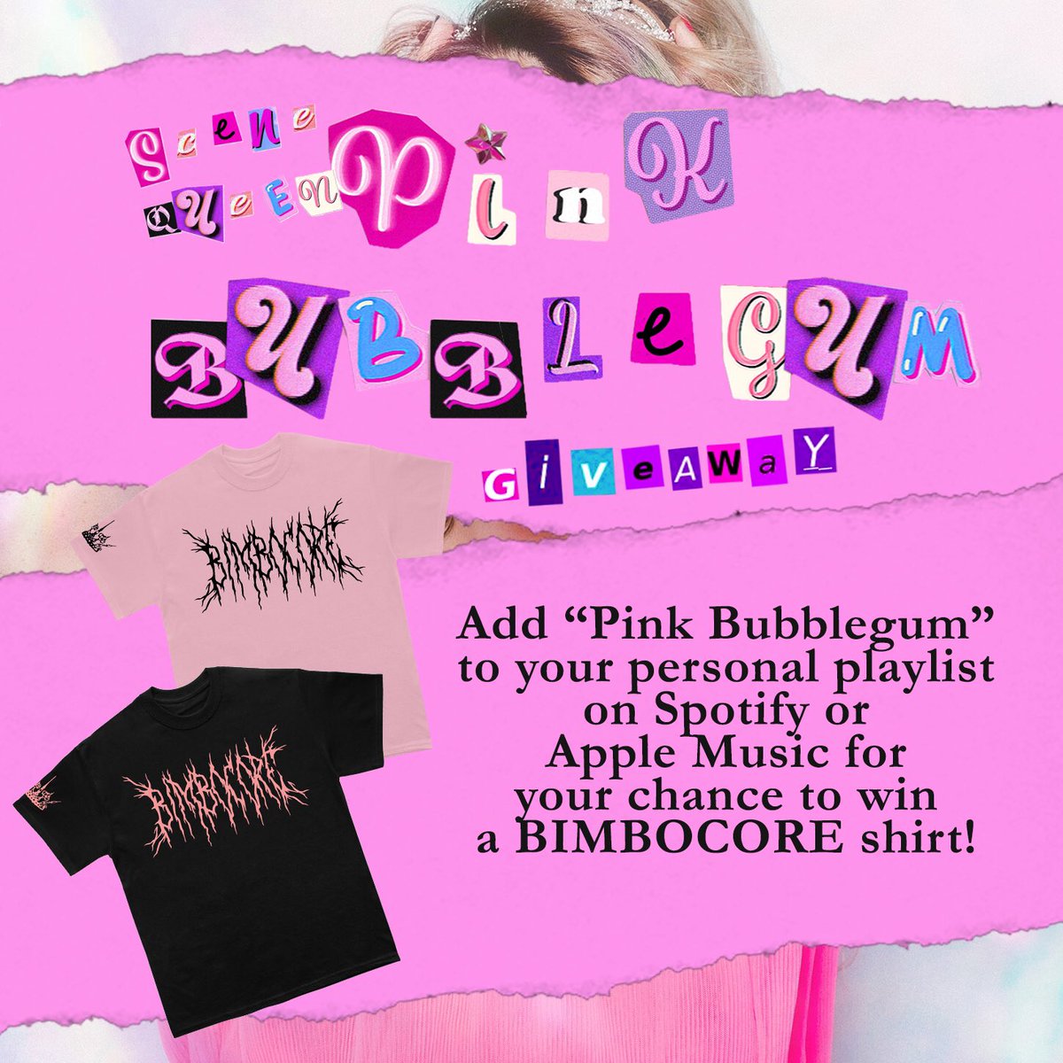 Hi friends I’m doing a merch giveaway 💖 all you have to do is hit this link and add Pink Bubblegum to one of your playlists (I’m picking the winner next Friday) ffm.to/bimbocore