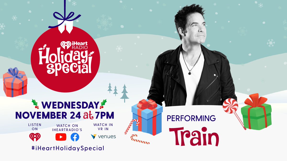 train's tweet photo. Getting holly jolly on November 24th for @iHeartRadio's Holiday Special! 🎅🏻 Stream on their YouTube + Facebook pages, plus on VR in Oculus 🦌⛄🎁 #iHeartHolidaySpecial https://t.co/VNxhED4wGl