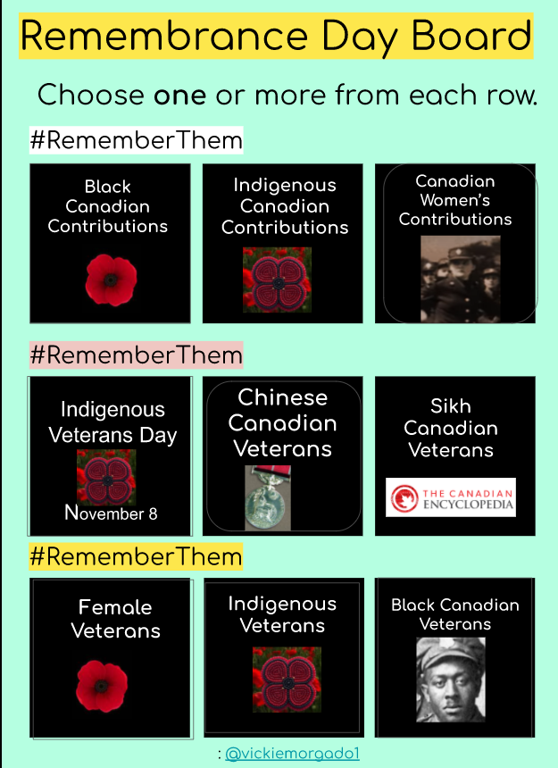 #RemembranceDay #RememberThem Choice board with resources from <a href="/DPEquity/">DPEquity</a> <a href="/jodiesgot5/">Jodie Williams</a> on 
 DPSharepoint Equity Site (You should really check out!) I will be using next week with some classes. Here is a copy that I sharing docs.google.com/presentation/d… template from <a href="/tina_zita/">Tina Zita</a>  <a href="/the_mulc/">Melanie Mulcaster</a>