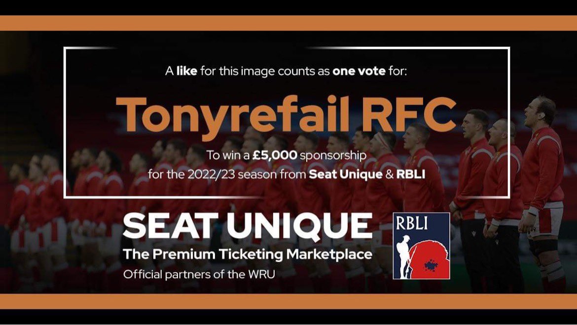 TonyrefailRFC's tweet photo. Hello to all our followers, Seat Unique are offering a chance for a WRU to club win £5k sponsorship for next season. Every interaction (like, share, retweet) counts as a vote, the club with the most votes wins, so please like and share away🤞🖤💛🖤💛#teamton https://t.co/GTgQ826IZb