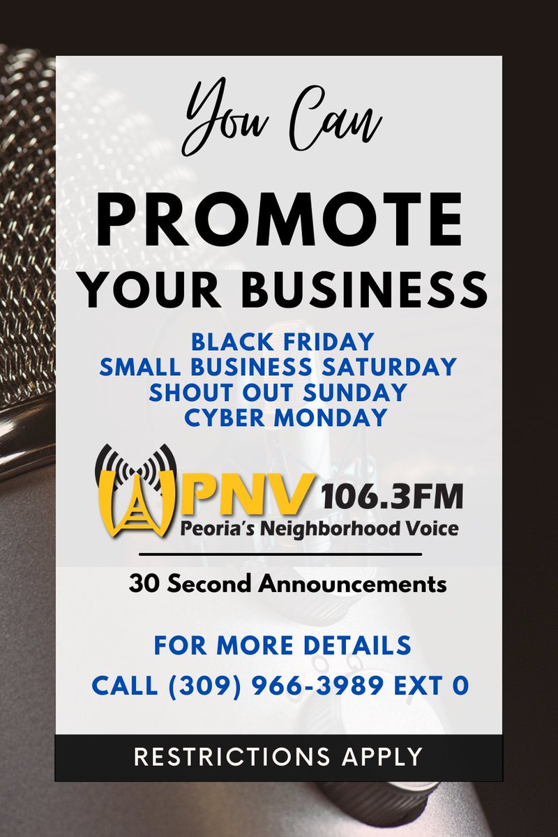If you have a small business and you're trying to promote your products and services for Black Friday, Small Business Saturday, Shout Out Sunday (Holiday Specials, etc.), and Cyber Monday, this opportunity is for you!

Call (309) 966-3989 ext. 0 to schedule your appointment.
