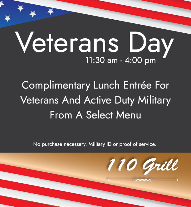 Join us Thursday, 11/11 for a complimentary lunch for all Veterans and active duty military! 🇺🇸  

Veterans Day menu: bit.ly/3k59Pg7