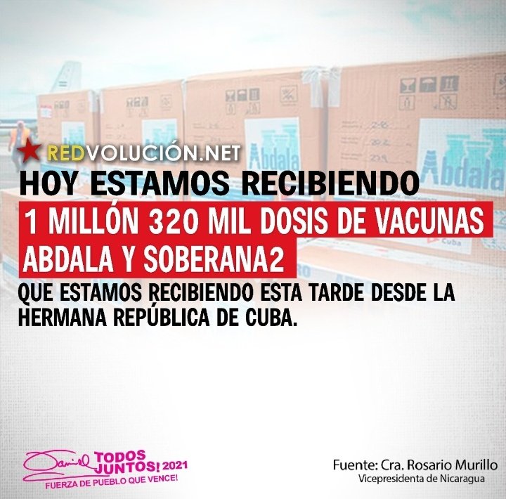 #Nicaragua | Esta tarde arribaron a nuestro país 1 millón 320 mil dosis de vacunas Abdala y Soberana2.
#VacunandonosPuebloQueVence #ProsperandoConElPueblo 
#SiempreMasAlla