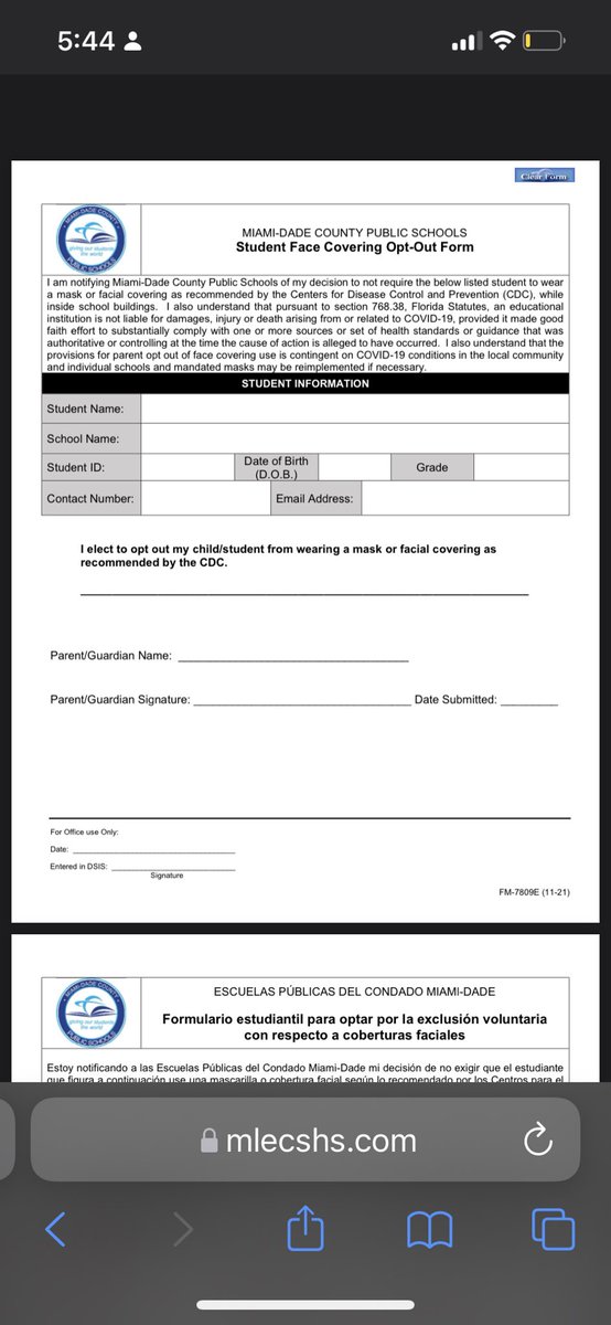 If you are an MLEC student, you can sign the form as follows:

• Go to MLEC website 
• Click Parent Documents 
• Scroll down and click the Opt-Out Form PDF 

#MLECMaskOptional