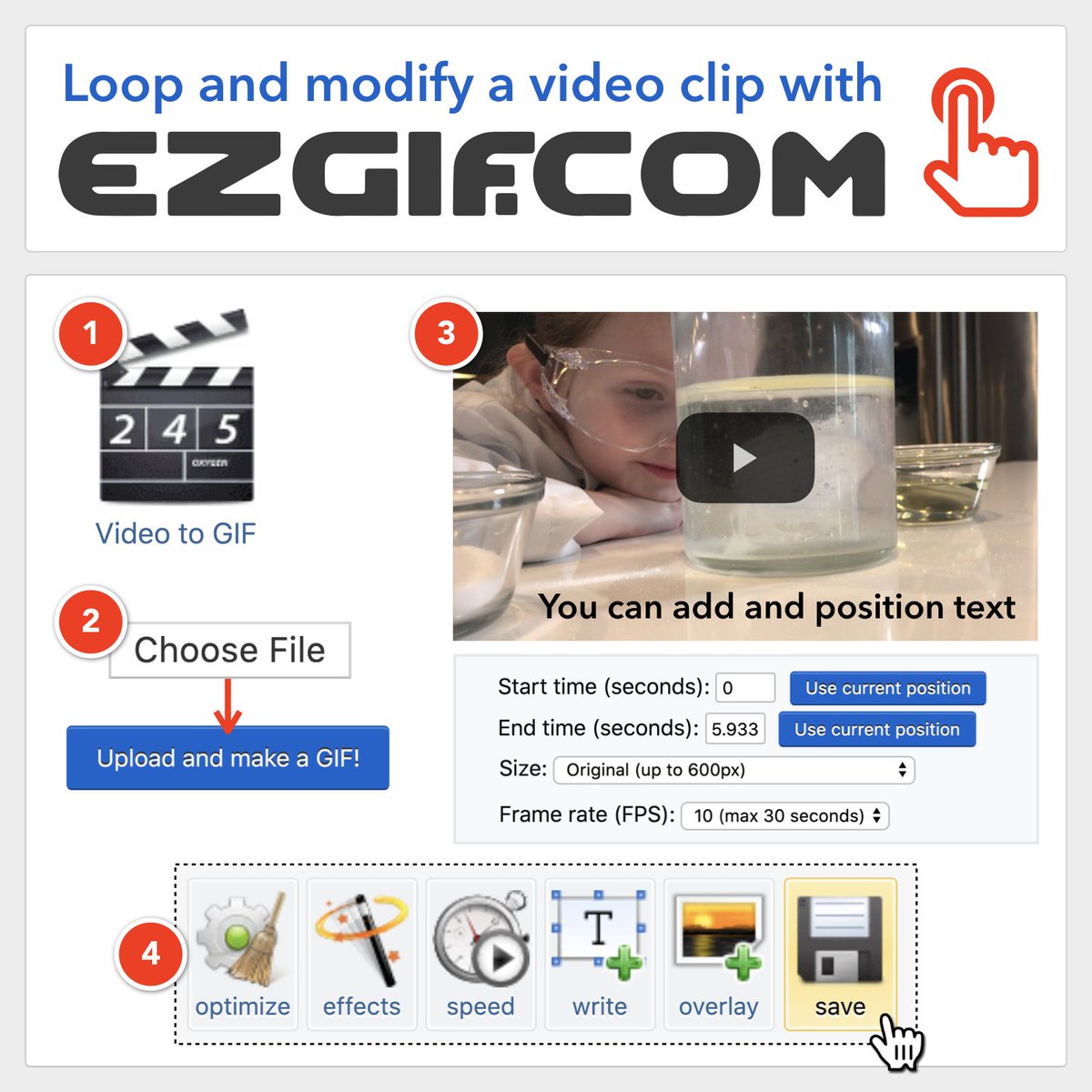 🎬 Turn a video clip into a short looping animation by uploading it to EZgif.com. You can choose start and end times, crop, add effects, change speed, write text, overlay images, and optimize the file size before saving as a .gif file.
