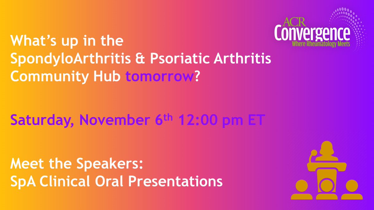Nellziade's tweet photo. Join us at the #SpA #CommunityHub #ACR21
🟣When? Tomorrow Saturday, Nov 6 | 12:00 pm ET
🟣Who? Meet the speakers @ColemanOrla @Atturos @MarkCHwang @MrtTrgtlp &amp; Dr.Raychaudhuri
🟣What? SpA Clinical Oral Presentations
#ACRambassador https://t.co/zT9uqqZDe0
