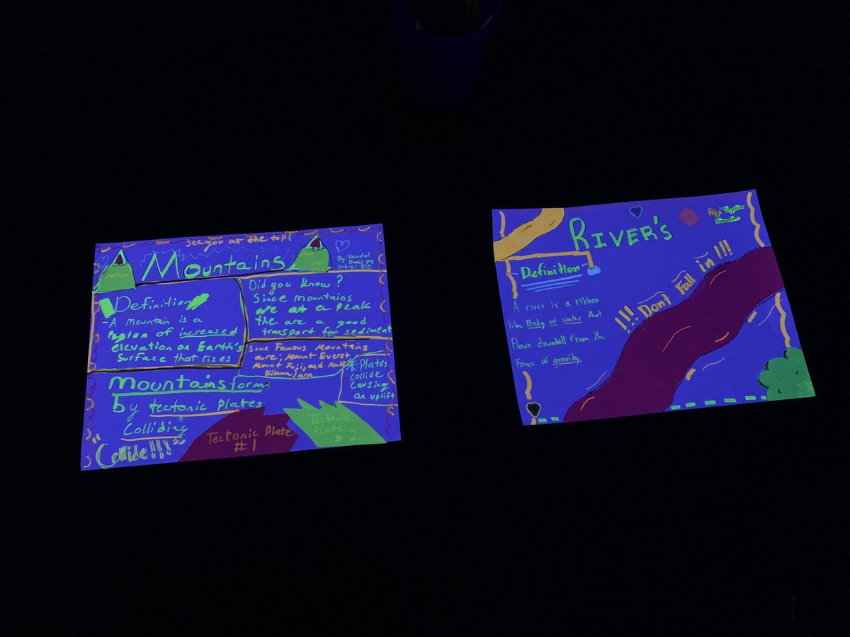 MrsH_SciLab's tweet photo. Ss used their research this week on landforms to create  one-pagers with a twist! Fluorescent paper, highlighters, and a blacklight took their projects to another level and our gallery walk was 🤩!#gofurthertogether @BMSPantherPride @MrsGInspires https://t.co/wx0yPWXpdJ