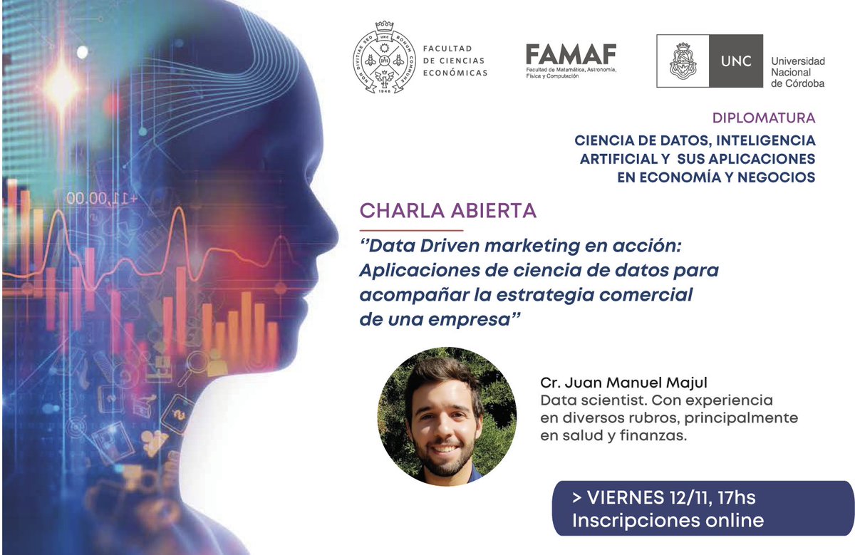 📉Participá de la nueva charla abierta de la #Diplomatura en Ciencia de Datos, Inteligencia Artificial y sus Aplicaciones.
💡Data Driven marketing en acción: Aplicaciones de Ciencia de Datos
🔗Diserta: Juan Manuel Majul

🟦12/11, 17h
📌Inscribite gratis bit.ly/CharlaCsDatos