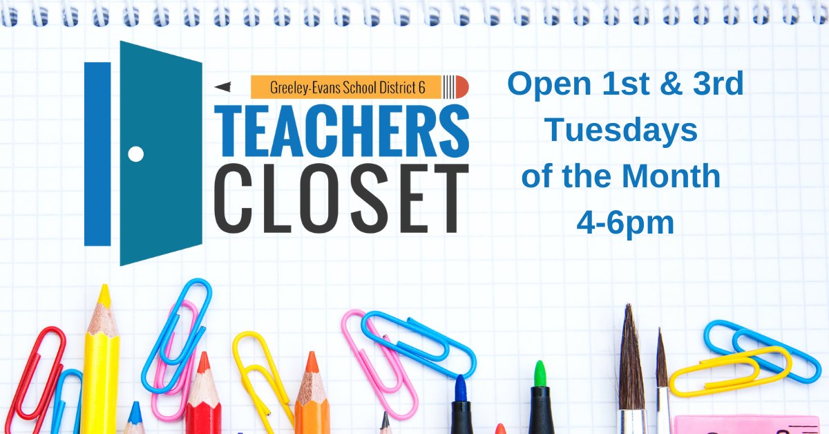 SuccessFoundat1's tweet photo. @Greeleyschools Staff: Don't forget that you can get free supplies for your classrooms from the Greeley-Evans District 6 Teachers Closet! They are open the 1st and 3rd Tuesdays of the Month from 4-6pm and are located in the Service Center: 2508 4th Ave https://t.co/ptJqnMv3Gf