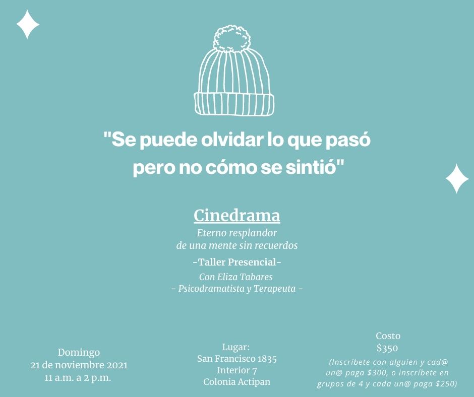 capacpsico's tweet photo. Te invitamos a este #Cinedrama con la película "Eterno resplandor..."
Puedes escribirnos por DM, o contactar por Whatsapp al 551140 1533 para más información.
#cinedrama #psicodrama #terapia #terapiagrupal #parejas #relacionesdepareja #psicologia #psico #tallergrupal #cdmx https://t.co/fxcT7fDJwD