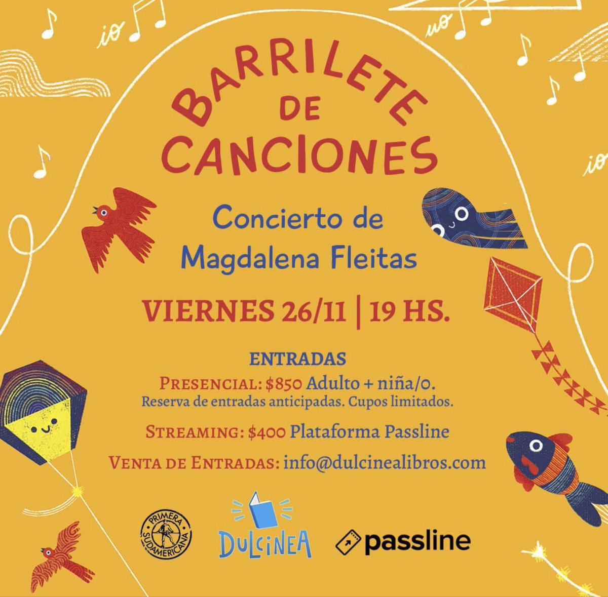 🌈 Presentación MUSICAL del libro BARRILETE DE CANCIONES 
☀️Se viene un encuentro en concierto, juegos, cantos y bailes participativos en la Libería Dulcinea
➡️ Obtene tus entradas en passline.com/eventos/barril… o a tráves de info@dulcinealibros.com