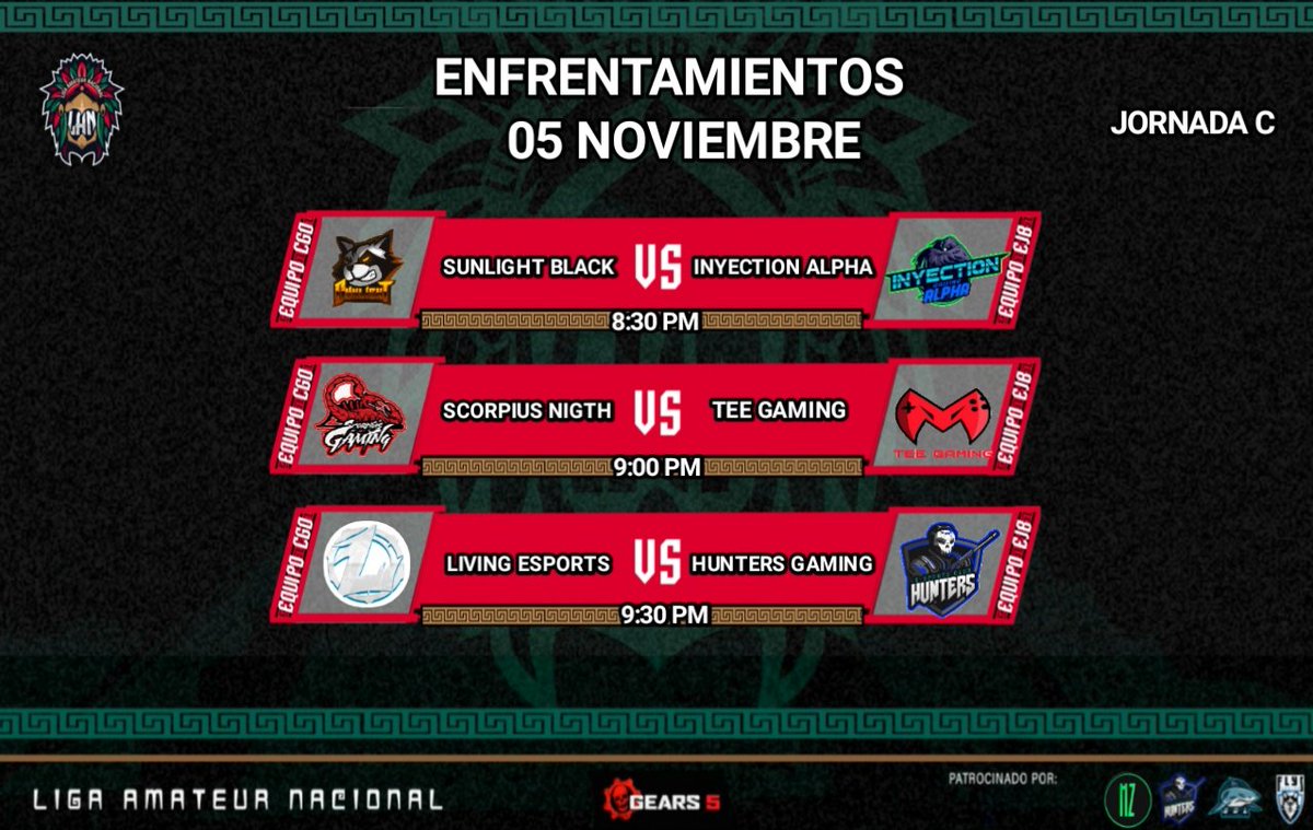 Flyz Esports Oficial🐺🇲🇽 (@flysgoficial) on Twitter photo Viernes de enfrentamientos en
Liga Lan 🏆🇲🇽 cada vez más cerca de saber quién sera el campeón
No te pierdas estos enfrentamientos
Apoya a tu equipo favorito 💪🏼
<a href="/SngtSunlight/">Sunlight SnGT</a>
<a href="/InyectionG/">Inyection Gaming</a>
@NightsScorpius
<a href="/TeeGamingOrg/">Tee Gaming</a>
<a href="/Living_Esports/">Living Esports</a>
<a href="/HuntersTeamGG/">Hunters GG</a>
Nos vemos en stream🎙️🎮 Viernes de enfrentamientos en
Liga Lan 🏆🇲🇽 cada vez más cerca de saber quién sera el campeón
No te pierdas estos enfrentamientos
Apoya a tu equipo favorito 💪🏼
<a href="/SngtSunlight/">Sunlight SnGT</a>
<a href="/InyectionG/">Inyection Gaming</a>
@NightsScorpius
<a href="/TeeGamingOrg/">Tee Gaming</a>
<a href="/Living_Esports/">Living Esports</a>
<a href="/HuntersTeamGG/">Hunters GG</a>
Nos vemos en stream🎙️🎮