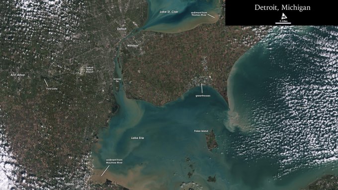 Labeled satellite image of the Detroit and Windsor, Ontario region with Lake Erie visible 