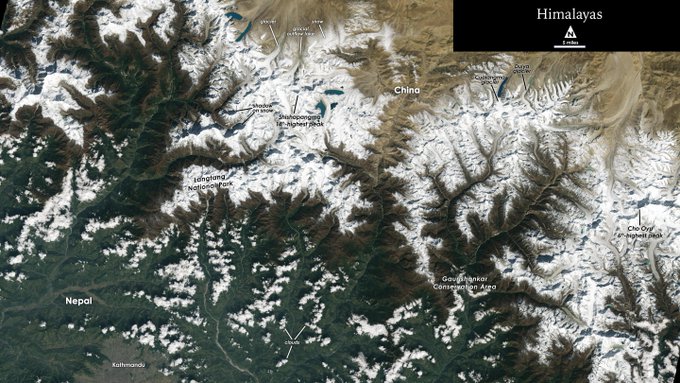 Satellite image of the Himalayas with glaciers and snow visible