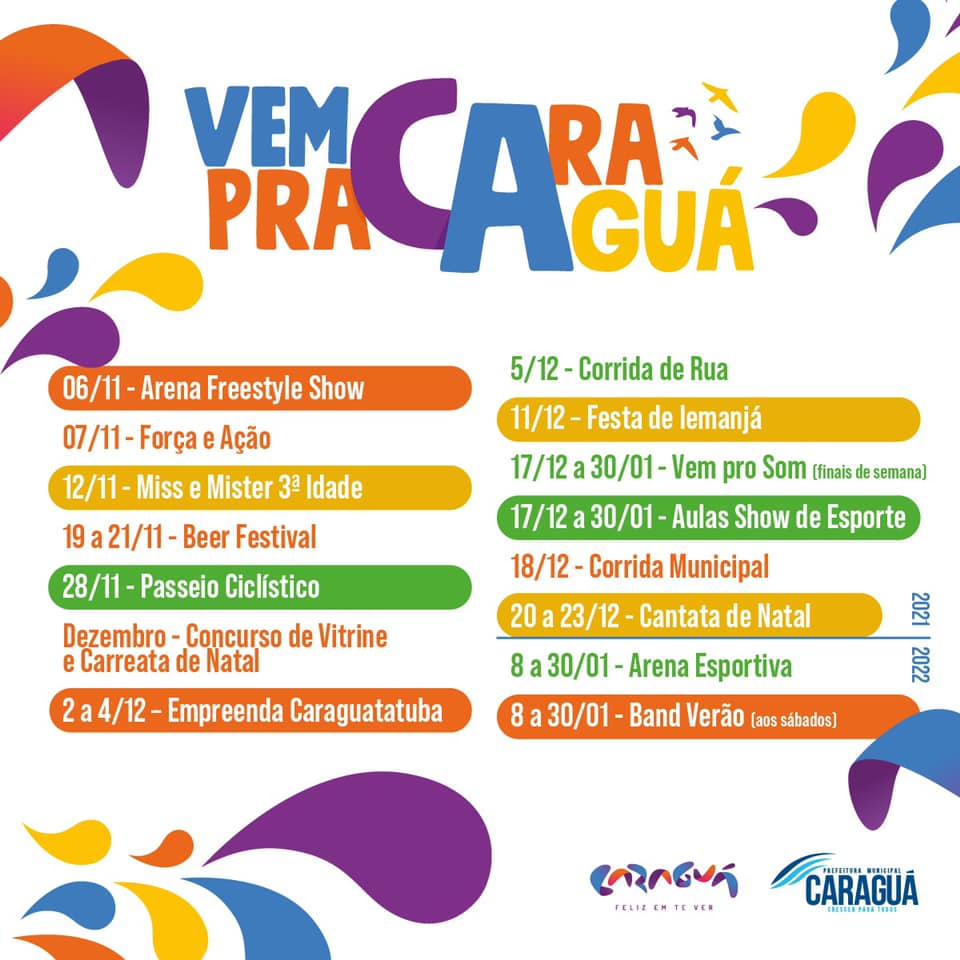 Quer saber a programação de eventos na nossa cidade?  
#VempraCaraguá 

arte: Divulgação/PMC
#Caraguatatuba #Turismo #CalendariodeEventos #RetomadaEconômica #Eventos #LitoralNorteSP #SP