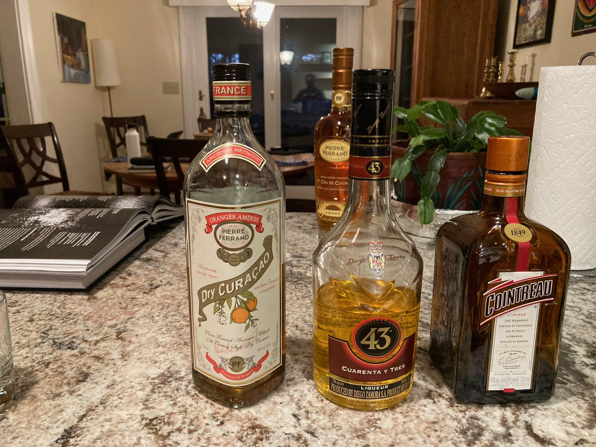 dfphil's tweet photo. The #cocktailCodex encourages experimentation. Tonight's drink is an old standby, the sidecar, however we started by tasting a variety of orange mixers available in our liquor cabinet: cointreau, Pierre Ferrand's dry curacao, and Diego Zamora's Cuarenta y Tres. Dry Curacao wins https://t.co/6hze8xpPsT