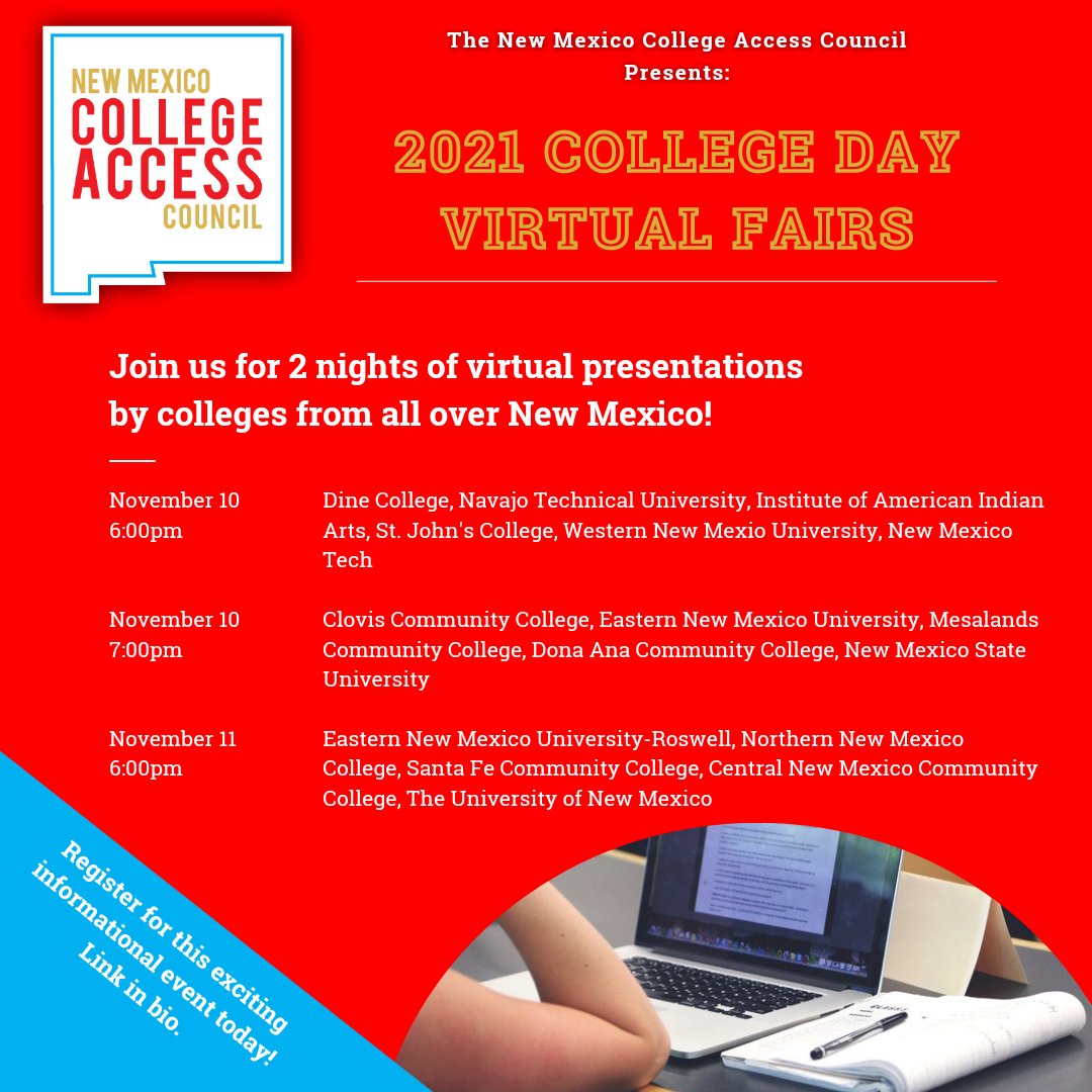 nmcollegeaccess's tweet photo. We are excited to be offering a virtual opportunity for all students to learn about higher education opportunities from all over New Mexico! Join us next week to learn all about over 15 colleges and universities across the state. Register for this exciting event today! https://t.co/In50ovCUWS
