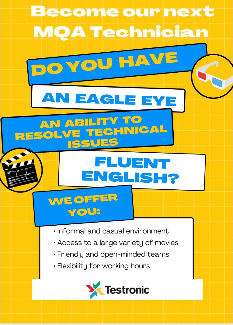 Start your career in the entertainment industry with us – one of the world’s leaders in testing the quality of multimedia. 🤩 Don’t waste any minute and apply today! 
short.sg/a/12966737

#testronic #joinus #warsawjob #filmtester #watchmovies #bestjobs #qualityassurance