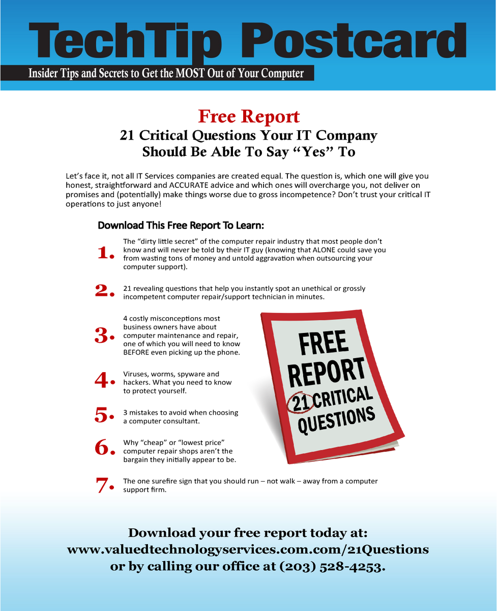 WtbyChamber's tweet image. We know that choosing an IT company for your business can be confusing. @valued_tech wants to help you make the right decision. Check out their free report: "21 Critical Questions Your IT Company Should Be Able to Say 'Yes' To." Details: valuedtechnologyservices.com/21Questions