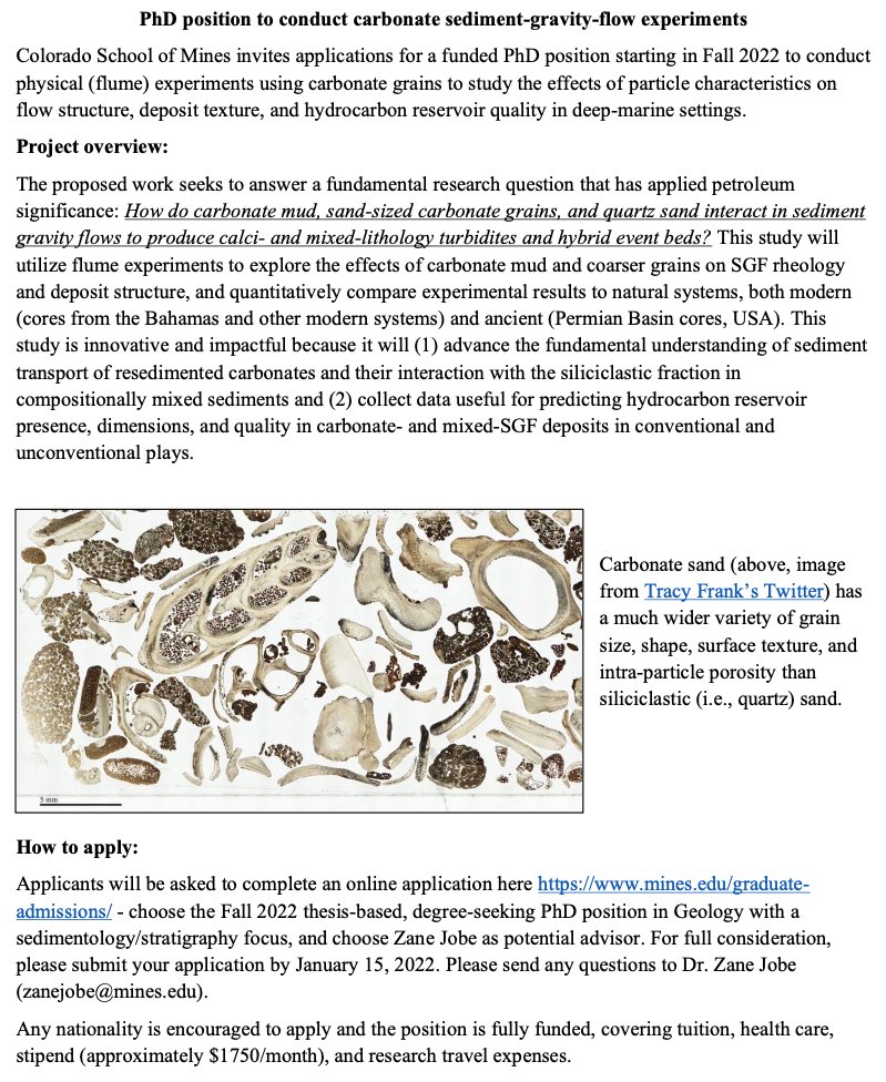 Interested in flume experiments and carbonates? Come to <a href="/coschoolofmines/">Colorado School of Mines</a> for a <a href="/acsprf/">ACSPRF</a> funded PhD to work on carbonate sediment gravity flow experiments - the ideal candidate would be someone finishing up an MSc that has flume experiment experience, but all are welcome to apply!
