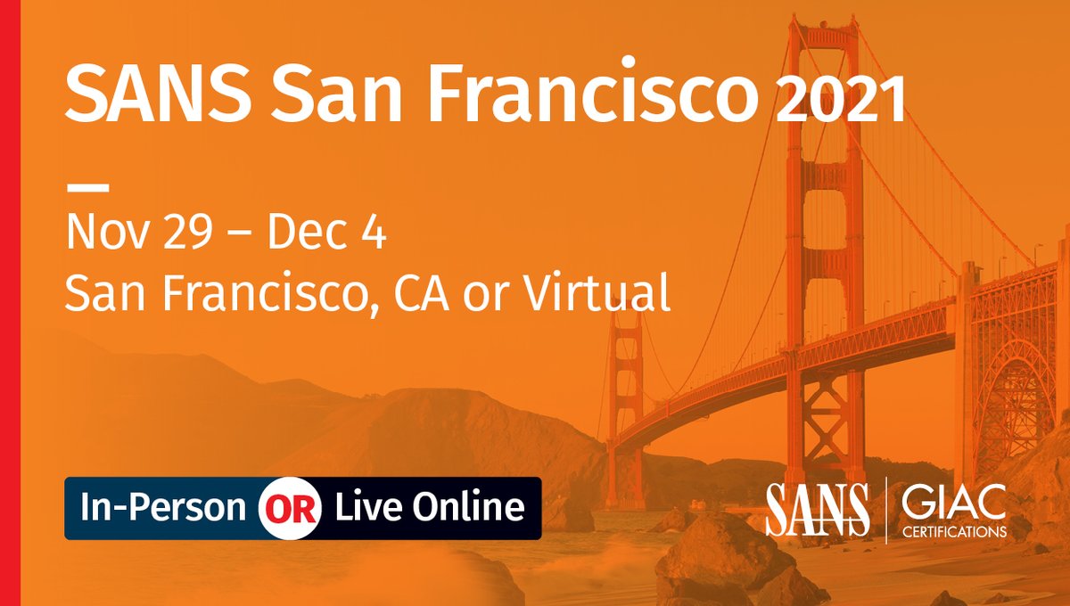 SANSInstitute's tweet photo. Courses available during #SANSSF include: 

#FOR610 w/ @mikemurr 
#ICS410 w/ @montaelkins 
#MGT514 w/ Mark Williams 

Register now to take advantage of our special offers! View details: https://t.co/lb23WKhVuX 

#SANSTraining | #SANSLiveOnline | #Cybersecurity https://t.co/G8LDsgkW14