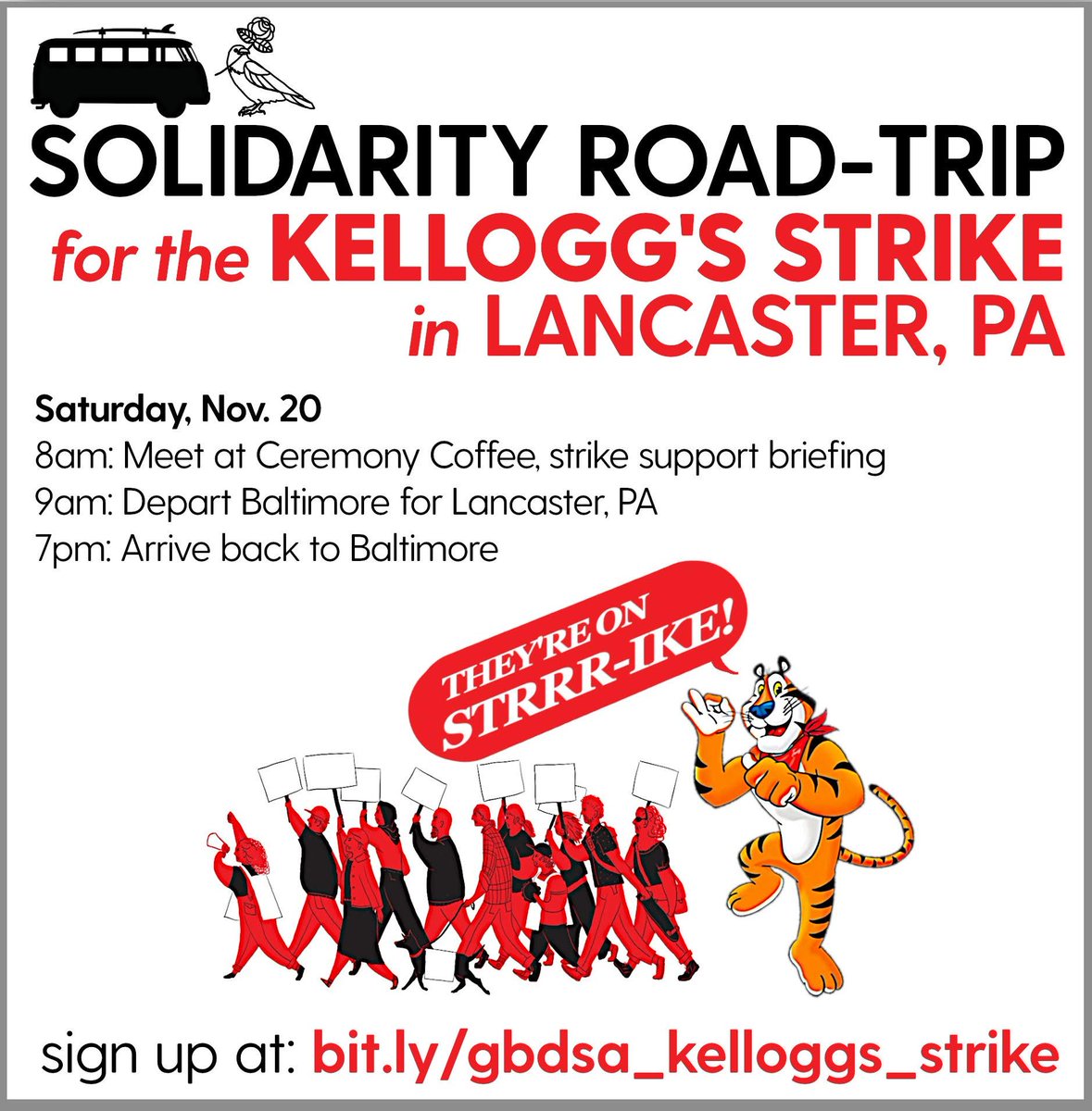 On Saturday November 20th, join @BaltimoreDsa for a carpool to Lancaster, PA to stand with @PhillyDSA on the picket line in solidarity with striking @lancbctgm374g Kellogg's workers. RSVP at bit.ly/gbdsa_kelloggs… #Striketober #Strikesgiving #strikesgiving #1u