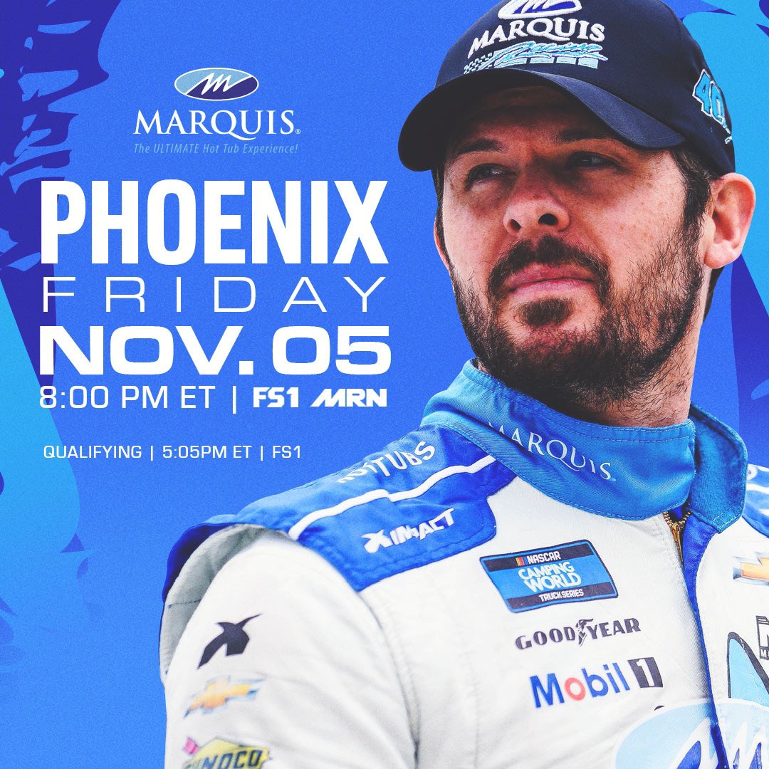 Ryan_Truex's tweet photo. โ๏ธ more #NAStruck race for 2021.
Tune in to the @NASCAR_Trucks #LucasOil150 at 8pm ET on FS1.
#FastestWayToRelax #PressTheAttack #NASCAR #Championship4 #NCWTS #goryan #MarquisSpas https://t.co/dWLNNkybXc