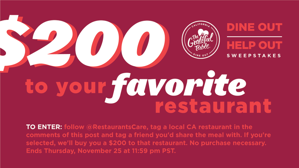 RestaurantsCare's tweet photo. Week 2β£ of the Grateful Table giveaway πWe'll give you $200 to your favorite CA restaurant. Here's how to enter:
β€οΈ follow us
π΄ tag a CA restaurant
π―ββοΈ tag a friend
ποΈ enter by Thursday!
#gratefultable #dineouthelpout https://t.co/yw7Lb2NXG8