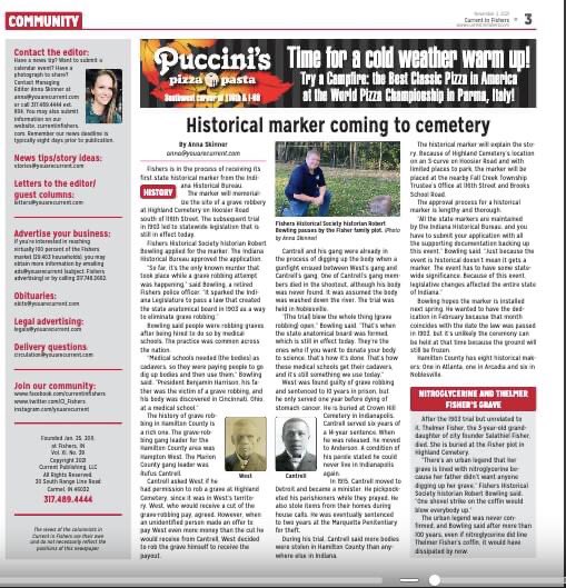 HistoryFishers's tweet photo. This week @CI_Fishers Current in Fishers highlighted our efforts in getting the first state historical marker in Fishers. The article gives some background on the grave robbing. 
We are raising funds for the marker, donations are tax-deductible.
https://t.co/PMLRH2cWlT https://t.co/pjOWOSrN2N
