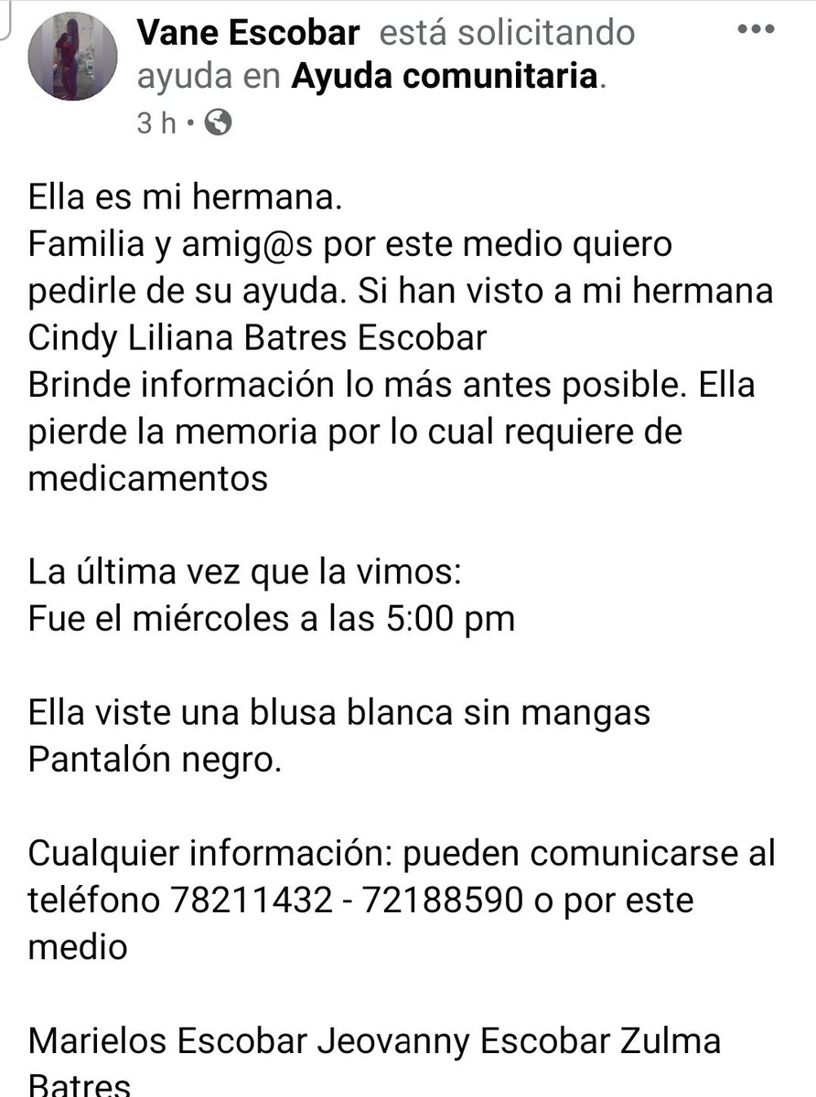 ACDinarte's tweet photo. ((Persona desaparecida)) Cindy Batres Escobar. Es una persona que requiere medicamentos y a veces presenta amnesia. Sí alguien la ha visto llamar. Cc @DesaparecidosSV @TodosSomosFlor @alerta_raquel @desaparecidoFGR https://t.co/qVXcp8a3yR