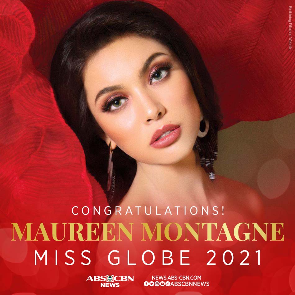 ABSCBNNews's tweet photo. CONGRATULATIONS! 👑🇵🇭

Philippines' Maureen Montagne is your #MissGlobe2021! https://t.co/0NclfLNZZL