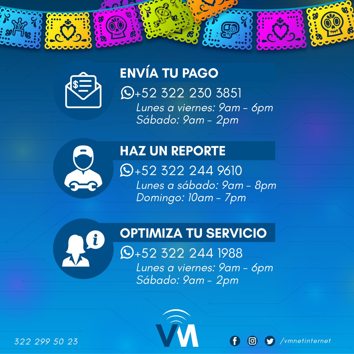 vmnetinternet's tweet photo. Recuerda que nos puedes enviar un WhatsApp en los diferentes departamentos de atención:

Cobranza 📱322 230 3851
Ventas 📱322 244 1988
Soporte 📱322 244 9610

🌐https://t.co/Xr0ffkkftg

#wifi #vmnet #internet #puertovallarta #proveedor #servicio #felizviernes https://t.co/cm20VGllVB