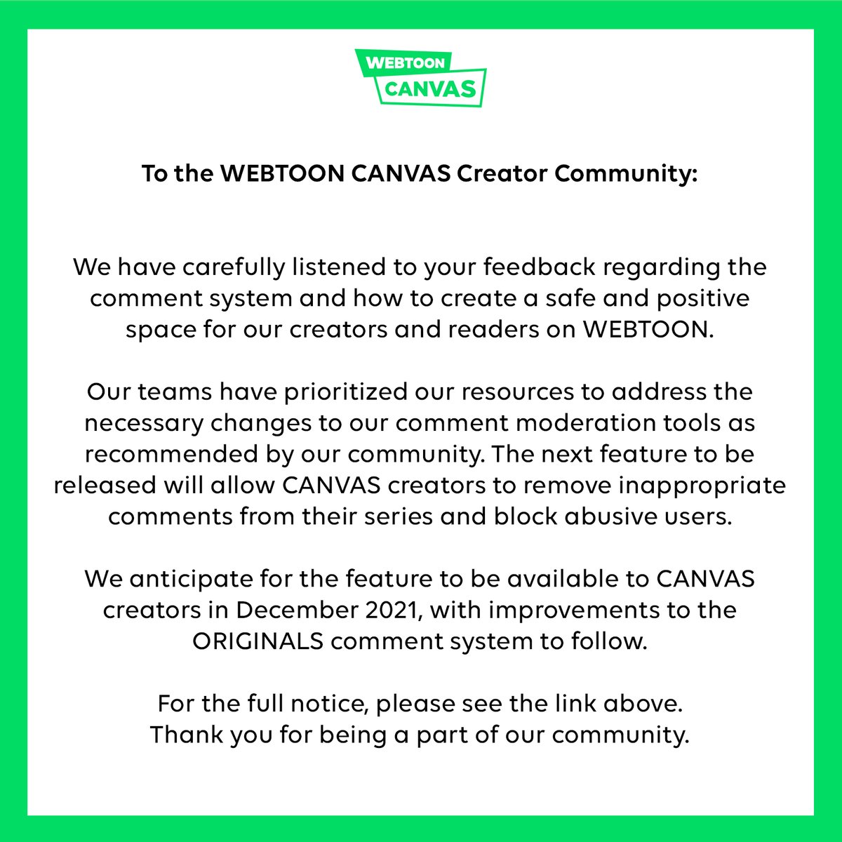 WEBTOON CANVAS on Twitter: "⭐ WEBTOON CANVAS Community Announcement ⭐ Check  out our upcoming update to our comment moderation system! Read more about  the changes here ➡️: https://t.co/sh8retk6iz https://t.co/Mtv2ugXGss" /  Twitter