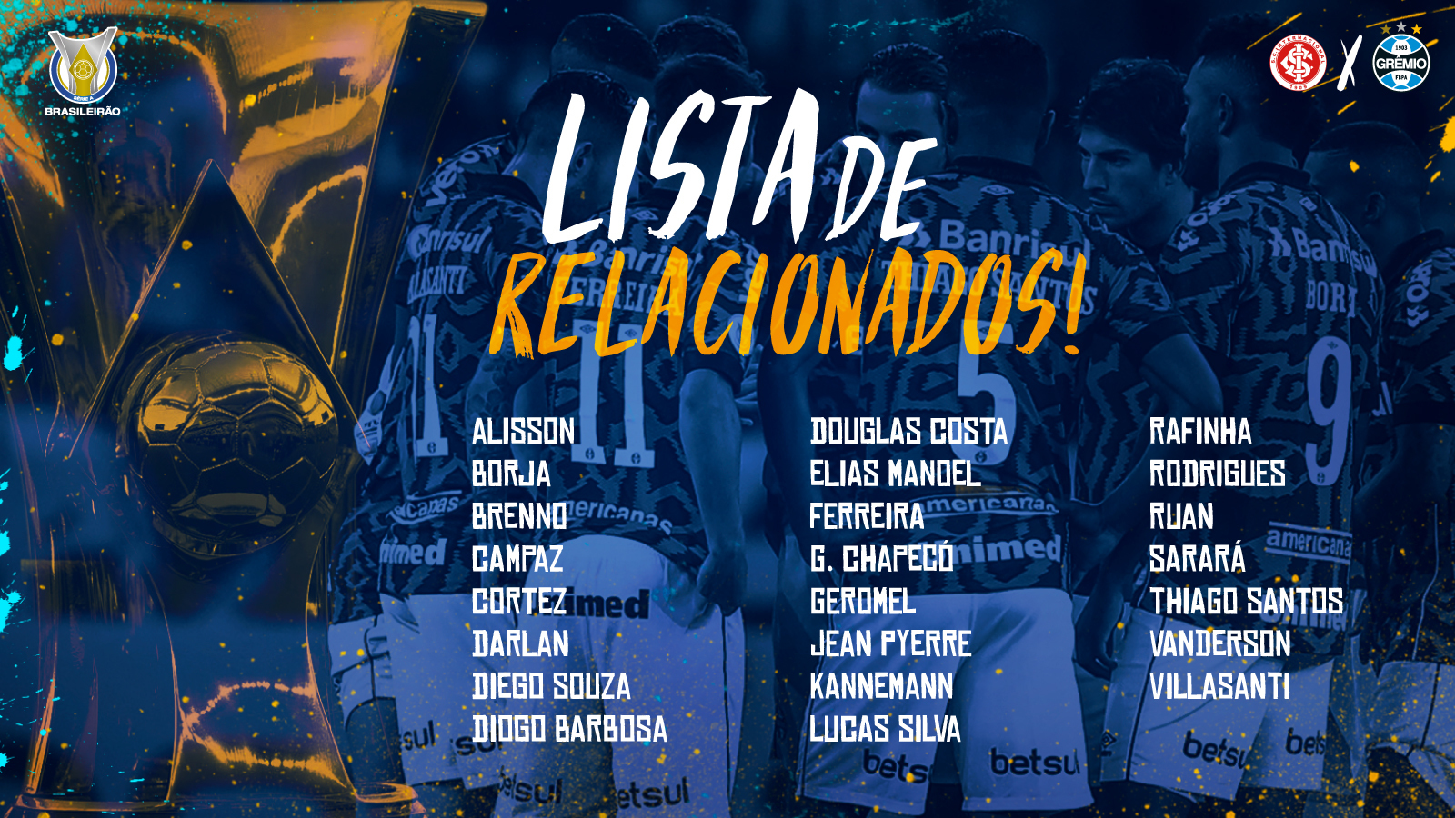 Confira a lista dos jogadores do Grêmio relacionados para o clássico diante do Inter. Fonte: Grêmio FBPA/Twitter