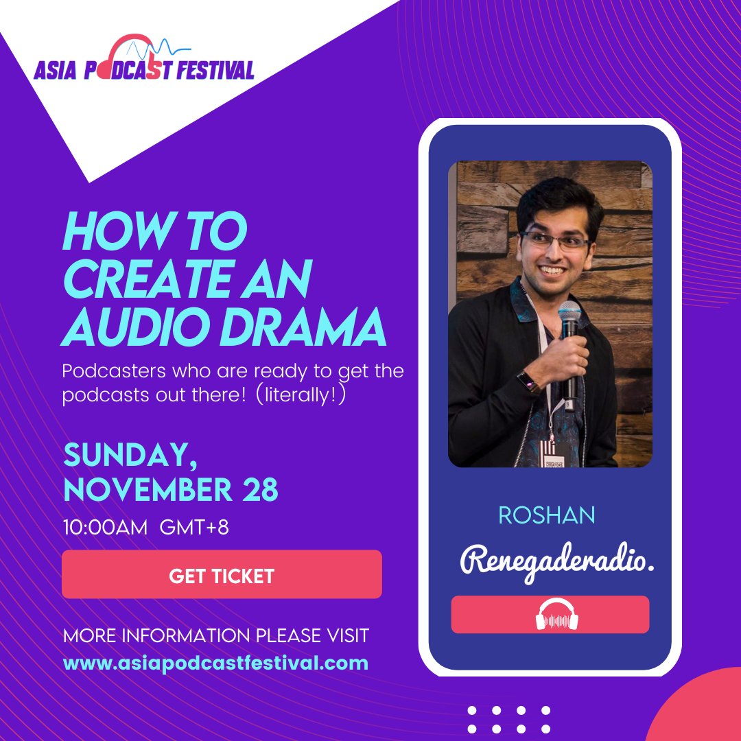 I'm honored to have been invited by <a href="/theravenlim/">Raven</a> to lead an Audio Drama 101 workshop at this year's Asia Podcast Festival!

I've also been informed (much to my own amusement) that you can use the code ROSHAN30 for 50% off attending my workshop, or 30% off rest of the festival.