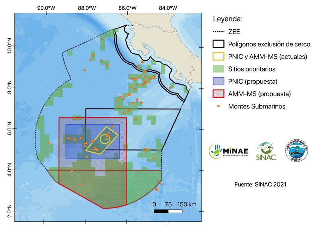 Esta es la propuesta del gobierno para ampliar el Parque Nacional Isla del Coco🌊 

El área de manejo Montes Submarinos (en rojo) uniría el corredor Cocos-Galápagos #COP26   y sería el doble de nuestra superficie terrestre (106 mil km2).
