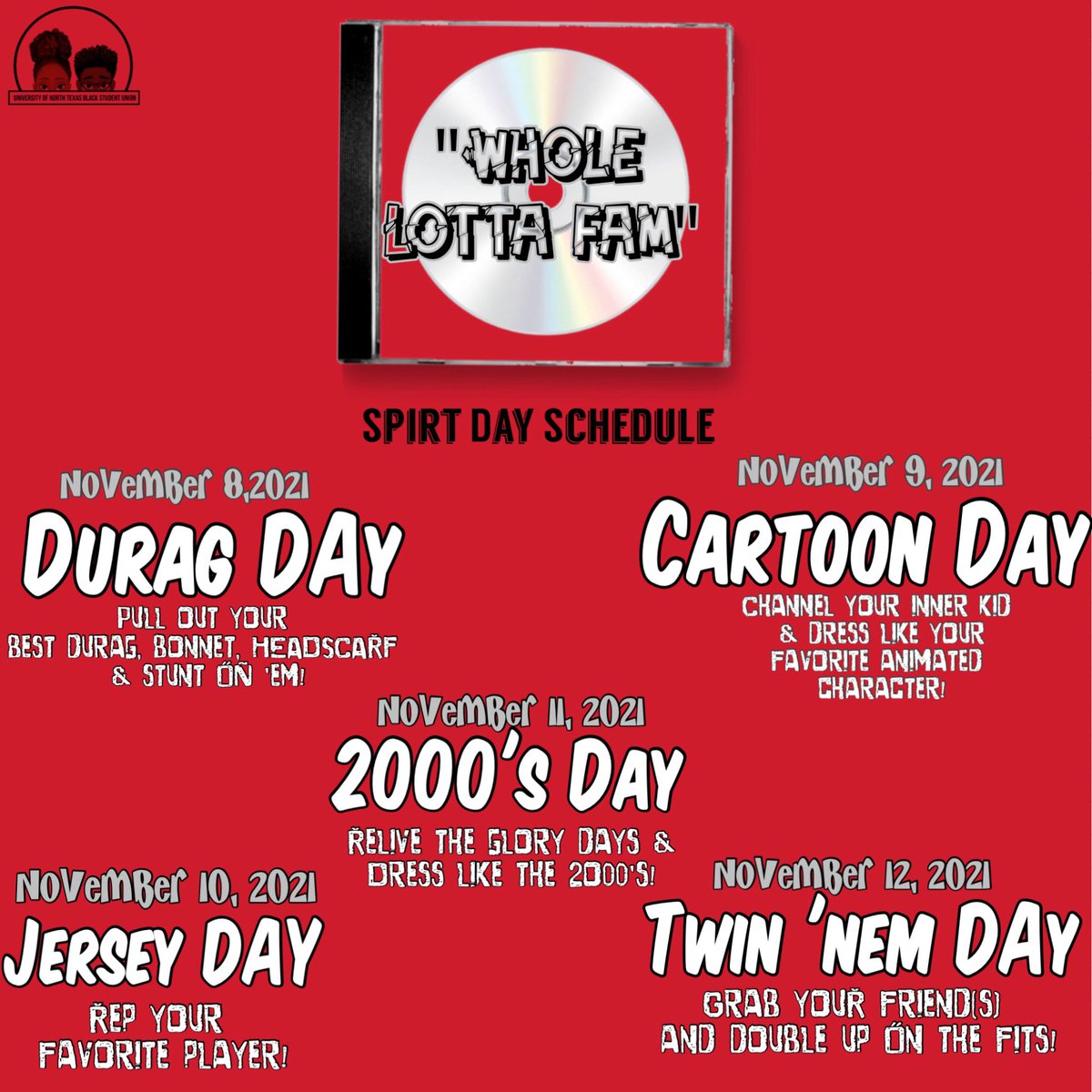 untBSU's tweet photo. Black Student Union Presents ….
#WHOLELOTTAFAM2K21📍
WELCOME TO OUR BLACK UNT HOMECOMING OF 2K21! 

Below are the list of our spirit days and what to expect from us NEXT WEEK 💃🏿 

ALSO! see the thread below for more information regarding our events 🎉 https://t.co/ZLgkEDJTW8