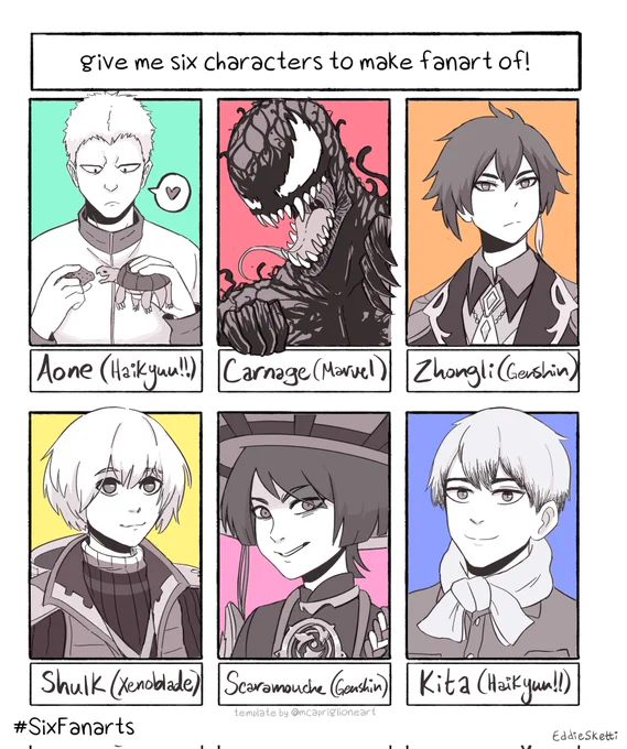 Finally got some time to finish this! Thanks for some fun requests!
#sixfanarts #sixfanartschallenge #genshinimpact #carnage #haikyuu #xenoblade 