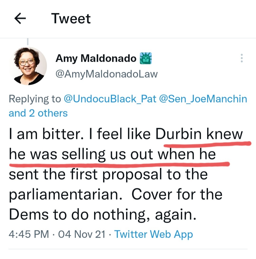 ShadesOfBlueAn1's tweet photo. When #GCbacklog advocate for issues, its "harrasing" &amp; "attacking" Durbin. 

But when .@amymaldonadolaw is angry about a cause that's important to her, its .@SenatorDurbin "selling (them) out"

FWIW- I do belive .@DickDurbin sold them out. This post is only to expose #Hypocrisy https://t.co/Ohb2LZ49d3