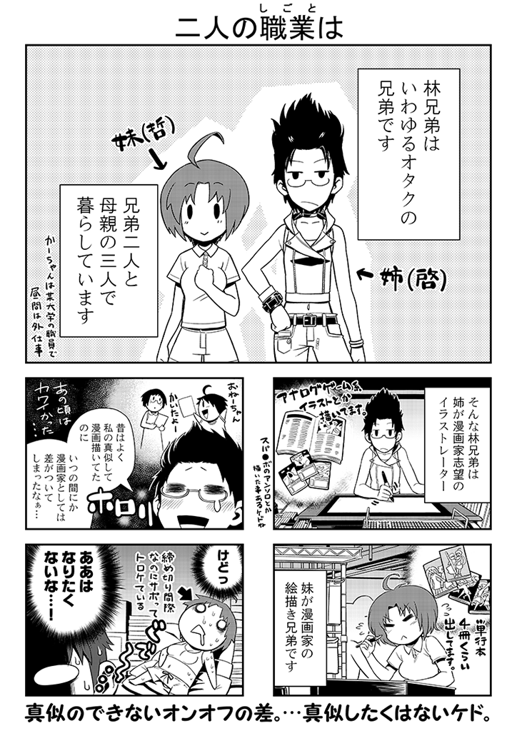 本日開催のVR同人誌即売会『#ComicVket』にサークル参加しております!

Blogで公開していた漫画家の弟林哲也との日常生活を"姉妹"に脳内変換てお送りする四コマ漫画
『脳内変換兄弟日記』をまとめ、"現在"を描き下ろして本にしました!
皆様是非!!

https://t.co/IyiLT3HrOG
https://t.co/Pf09NRuEFA 