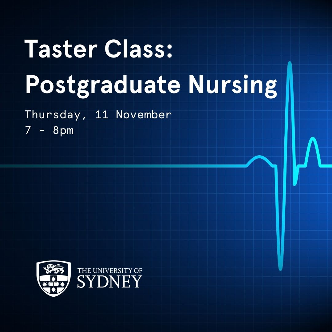 AgnessCTembo1's tweet photo. Study Master of Intensive care at the University of Sydney. Join us at the information evening11/11/2021  , 7-8 pm.
Topic
Masterclass on Postgraduate Nursing: Infusing evidence into clinical nursing practice

https://t.co/KjtftydbU1 https://t.co/YOkK12OpUH